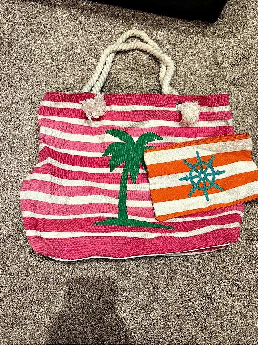 Striped Palm Tree Tote in Pink & Green